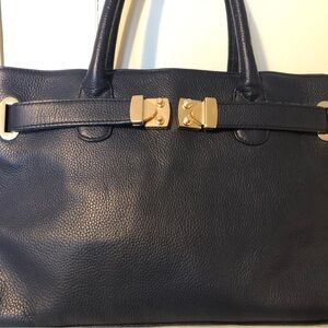 Onna Ehrlich “MAYA” Navy Blue Pebbled Leather Satchel Handbag With Dust Bag